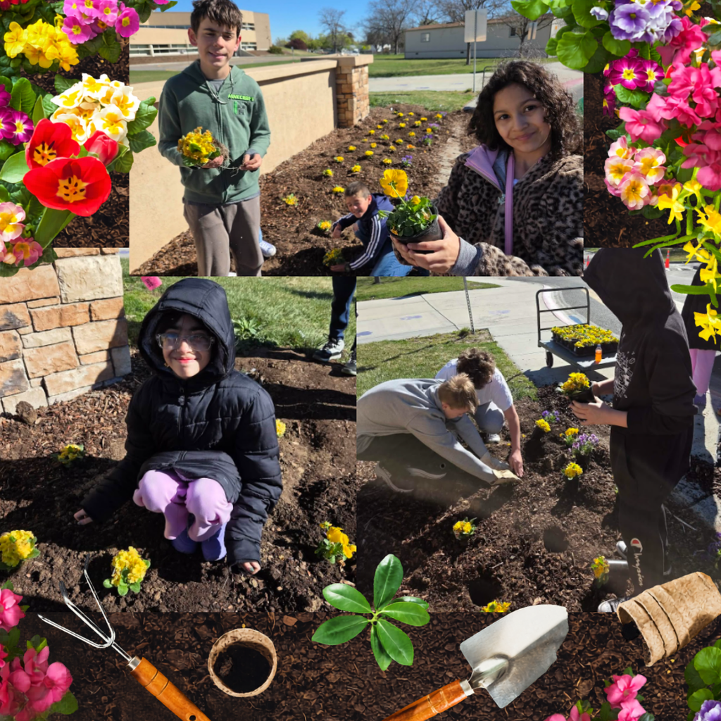 Collage of images of kids planting flowers in the front of the school