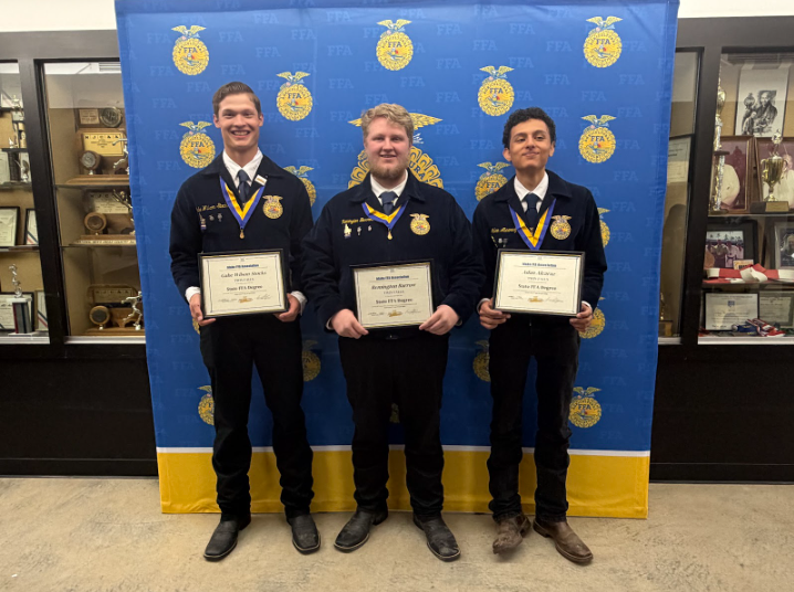Three male students pictured in front of an FFA back drop with medals on and holding certificates
