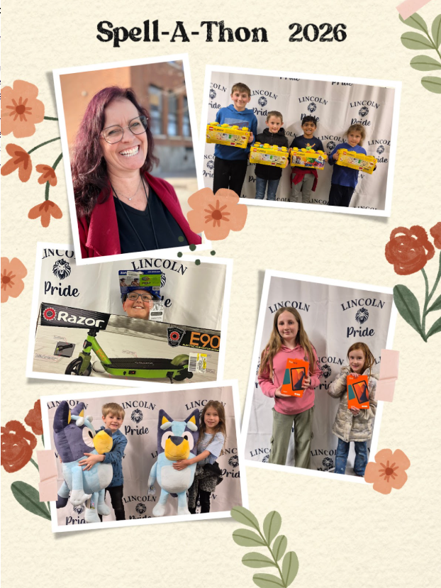 Collage of students holding prizes from the Spell-A-Ton and a picture of a staff member with purple toned hair