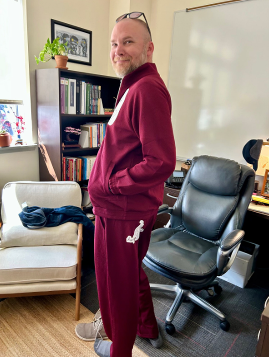 Mr. Clark modeling his custom sweatsuit.