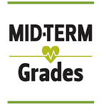 A  graphic with green lines on top and bottom with a green heart in the middle and black font that reads Midterm Grades