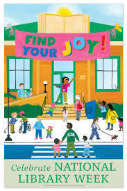 A colorful picture of a library with people walking up the steps to it and a banner that says Find Your Joy