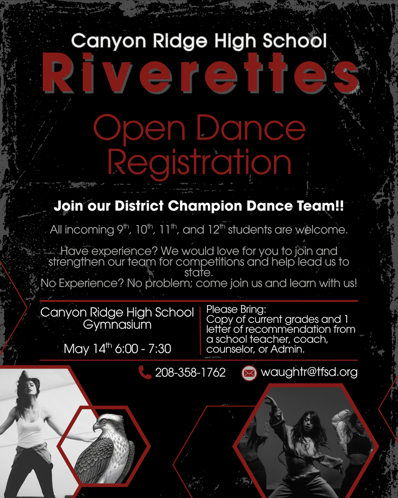 Flyer for Canyon Ridge Riverettes Dance Team Open Registration May 14th from 6:00pm - 7:30pm in the gymnasium.