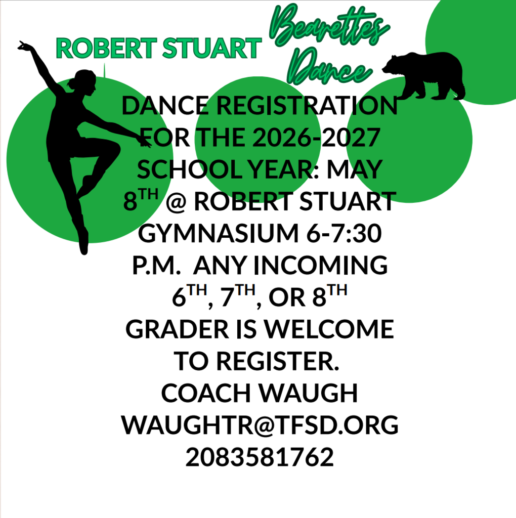 Flyer for Robert Stewart Dance Team Registration for 2026-2027. May 8th from 6:00 - 7:30 in the gymnasium