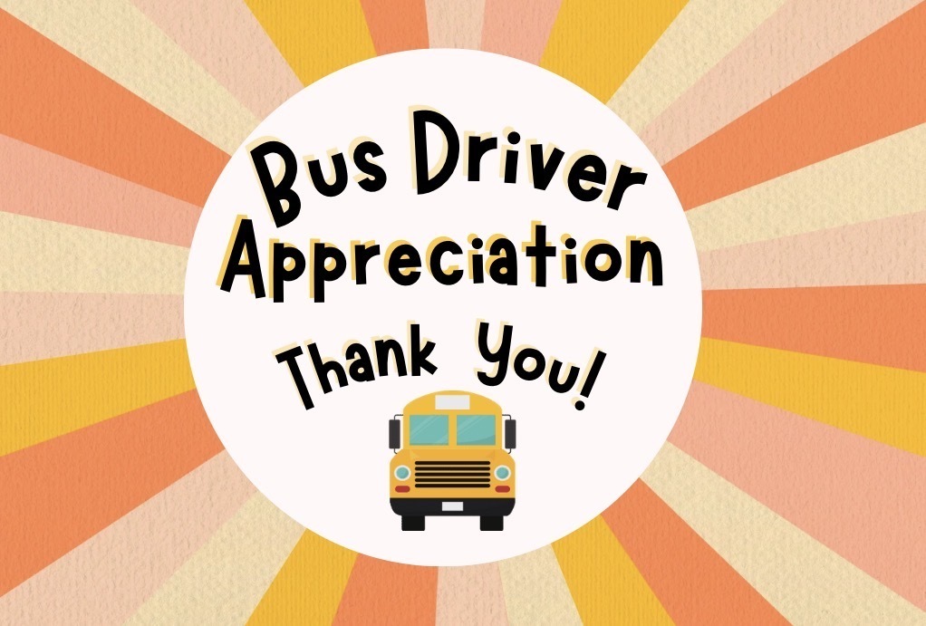 An orange, pink, and white poster with a white circle and a bus in the middle