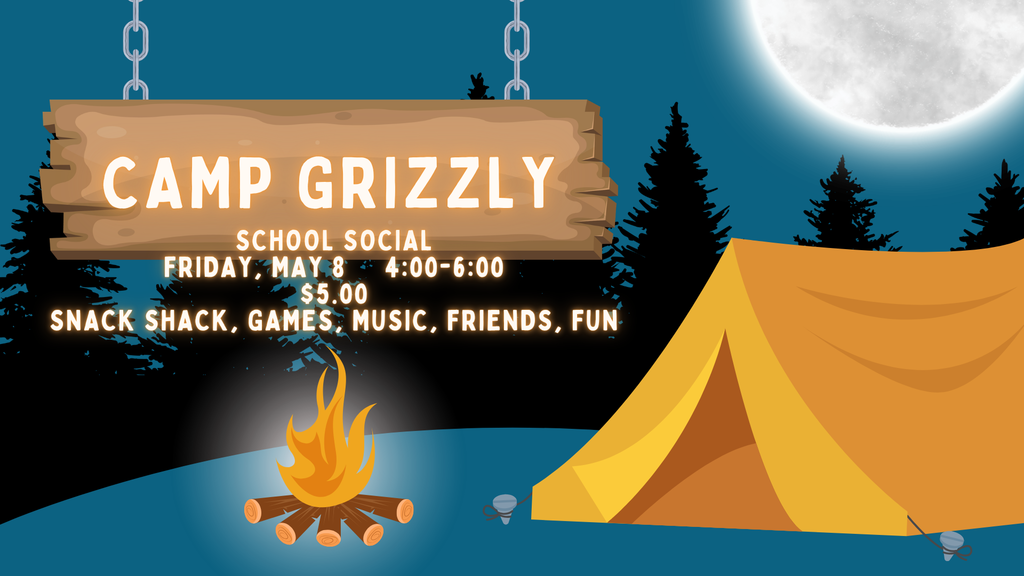 a picture with a blue background, a yellow tent, a campfire, and a moon