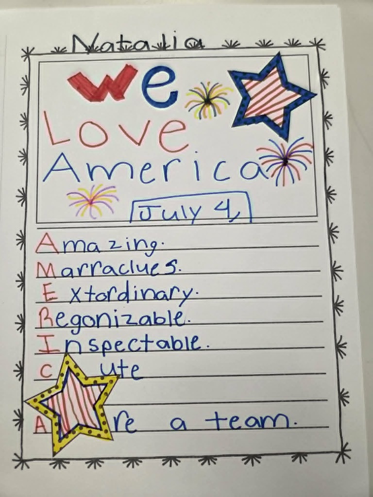 Student poem with patriotic drawings