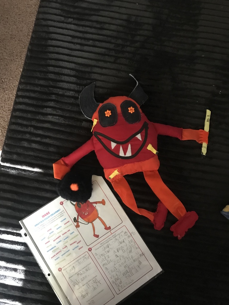 Example of a students drawing and writing turned into a stuffed animal