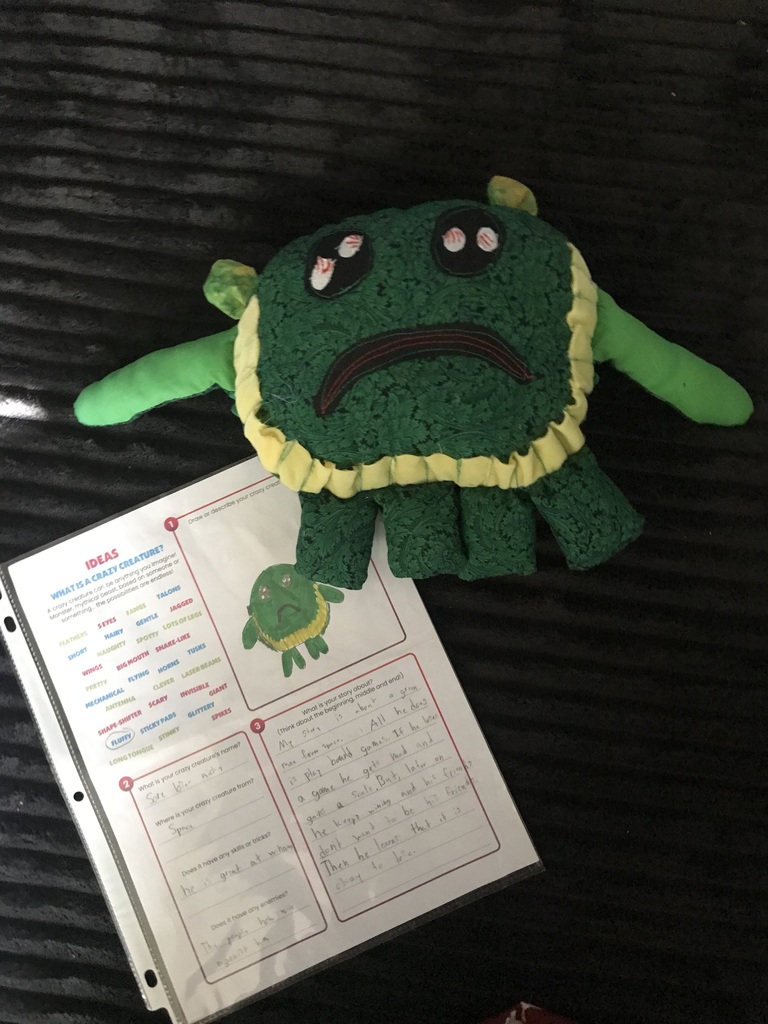 Example of a students drawing and writing turned into a stuffed animal
