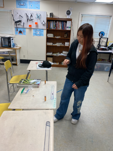 A student standing next to her desk working on her experiment.