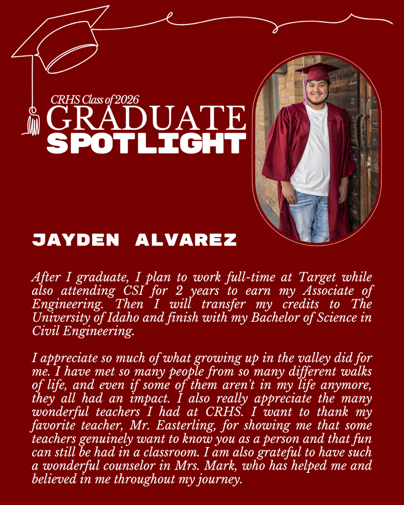 Graduate Spotlight featuring CRHS senior, Jayden Alvarez
