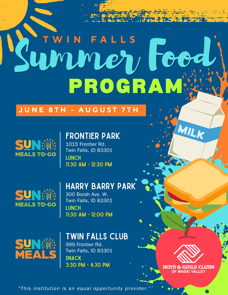 Flyer: Twin Falls Summer Food Program, June 8th - August 7th @ Frontier Park 11:30 - 12:30, Harry Barry Park 11:30-12:30, and snack at Twin Falls Boys & Girls Club 3:30 - 4:30