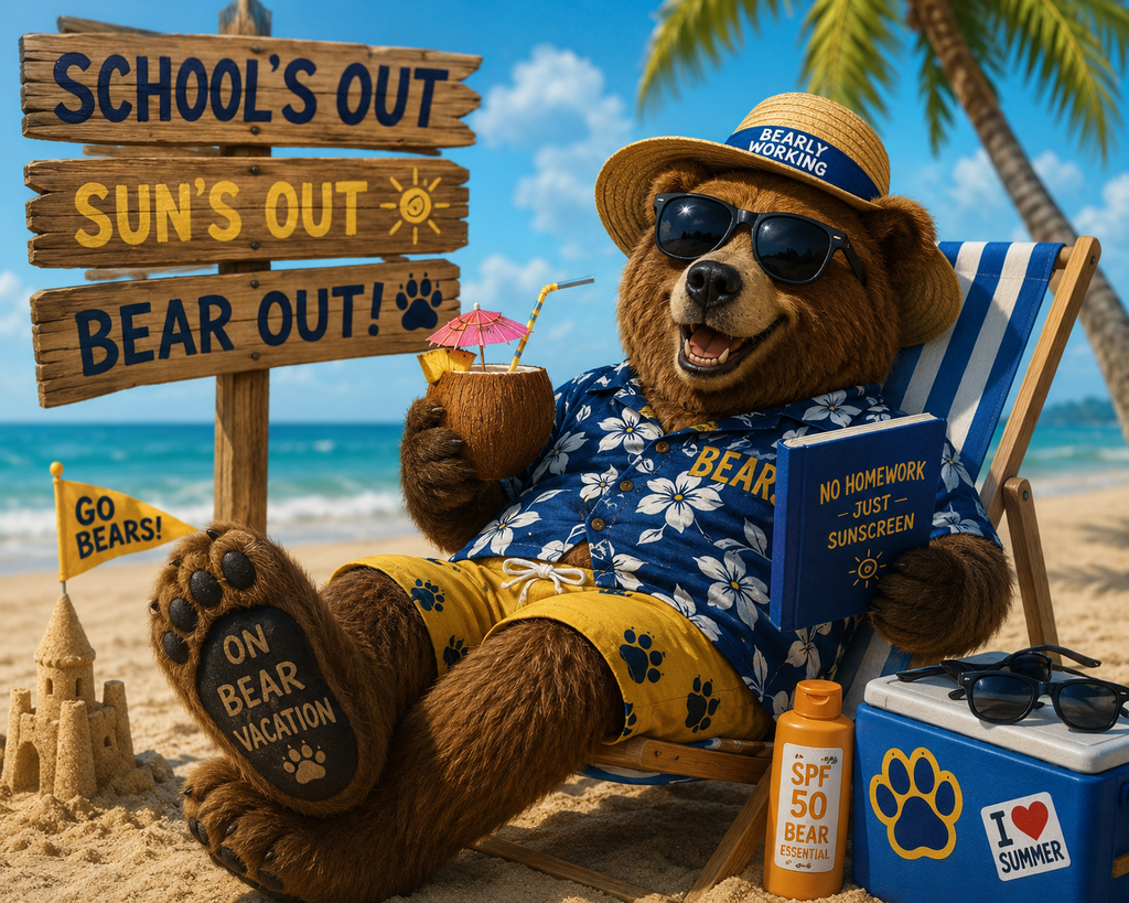 A cartoon bear sitting on the beach with yellow shorts and a blue shoet. shirt