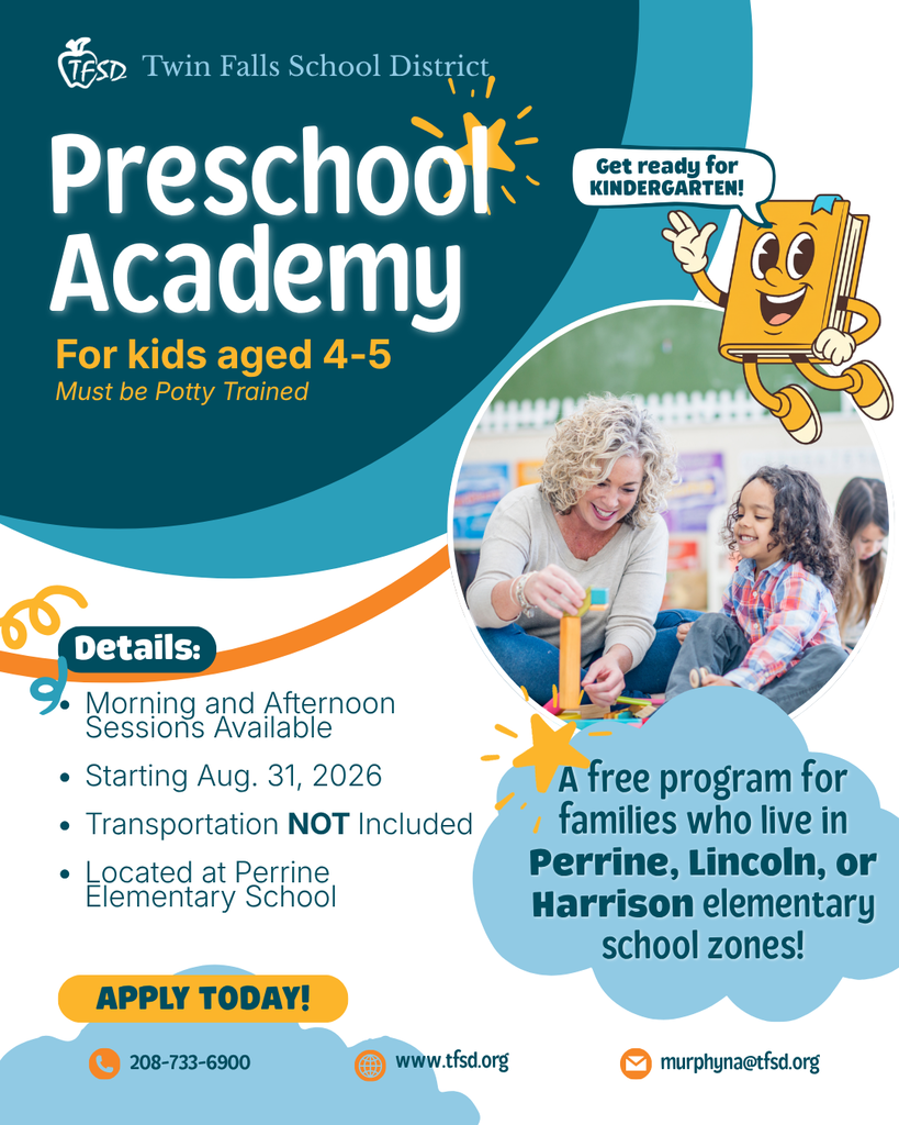 Flyer: TFSD Preschool Academy for kids aged 4-5 (must be potty trained) A free program doe familes who live in the Perrine, Lincoln, and Harrison elementary school zones. Starts Aug. 31st, morning and afternoon sessions available. Located at Perrine Elementary, transportation NOT included. Apply today!