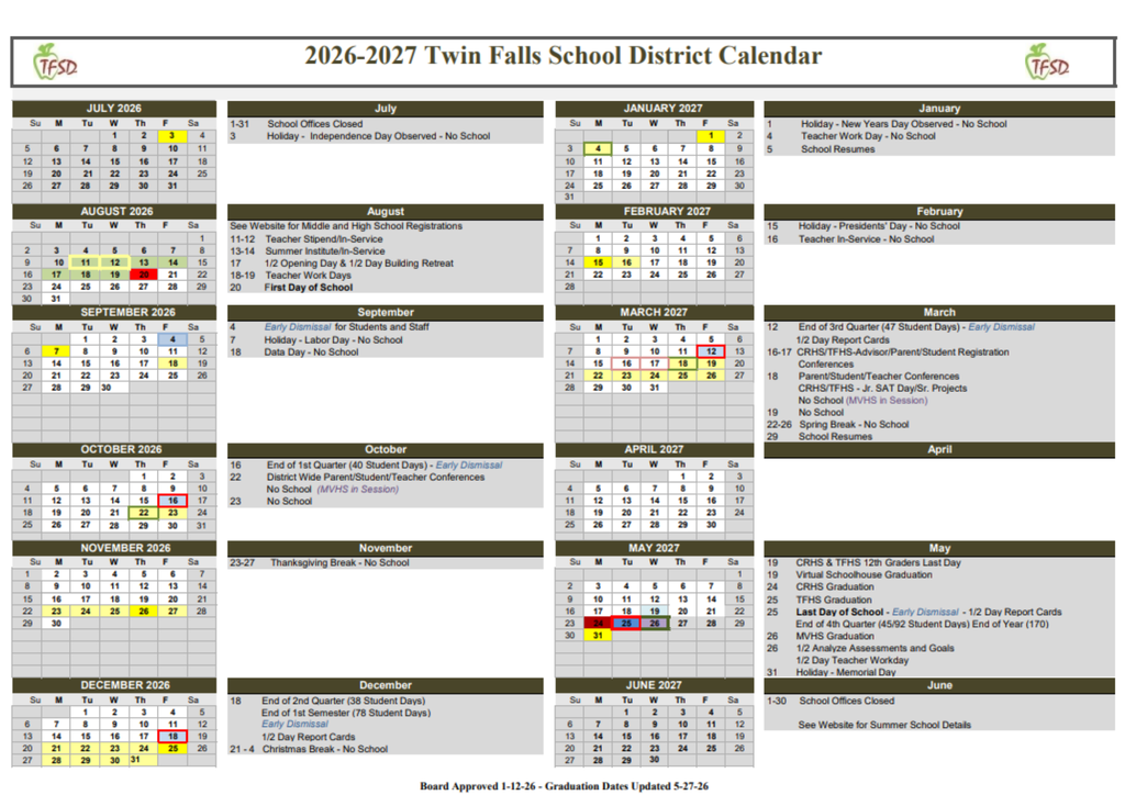 Twin Falls School District Calendar 26 - 27 Year