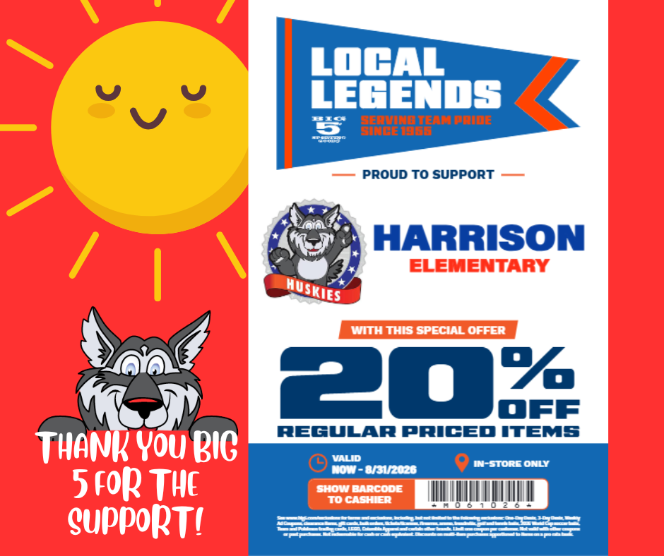 A promotional poster for Harrison Elementary with a sun and cartoon wolf. Text reads "Local Legends", "20% off regular priced items", and "Thank you for the support".