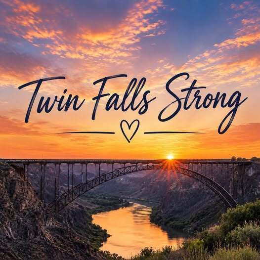 Sunset over a river with a bridge in the foreground. Text reads "Twin Falls Strong" with a heart symbol.