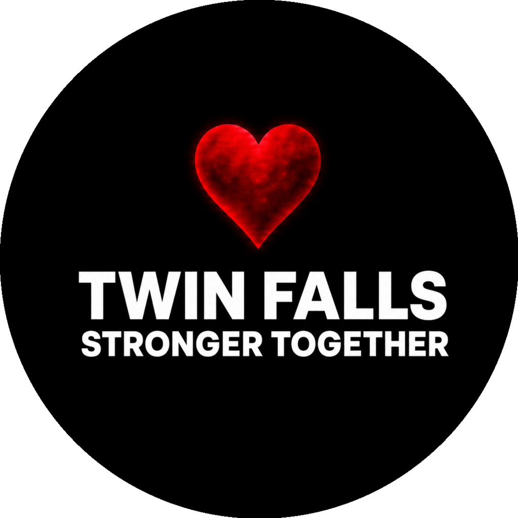 A red heart floats above white text on a black background. The words "Twin Falls Stronger Together" are below the heart.