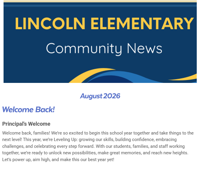 A school newsletter cover with blue, yellow, and white colors. It reads "Lincoln Elementary Community News" and "August 2026."