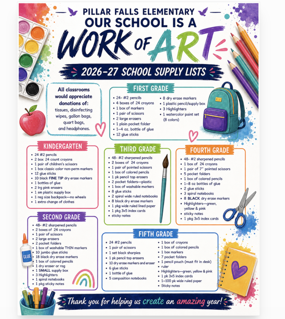 School supply list poster for Pillar Falls Elementary, detailing grade-specific items like pencils, markers, and backpacks for the 2026-27 school year.