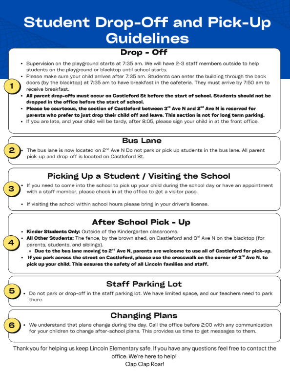 Text and numbers on a blue background. Information on drop-off, pick-up, bus lane, after school pick-up, and changing plans.
