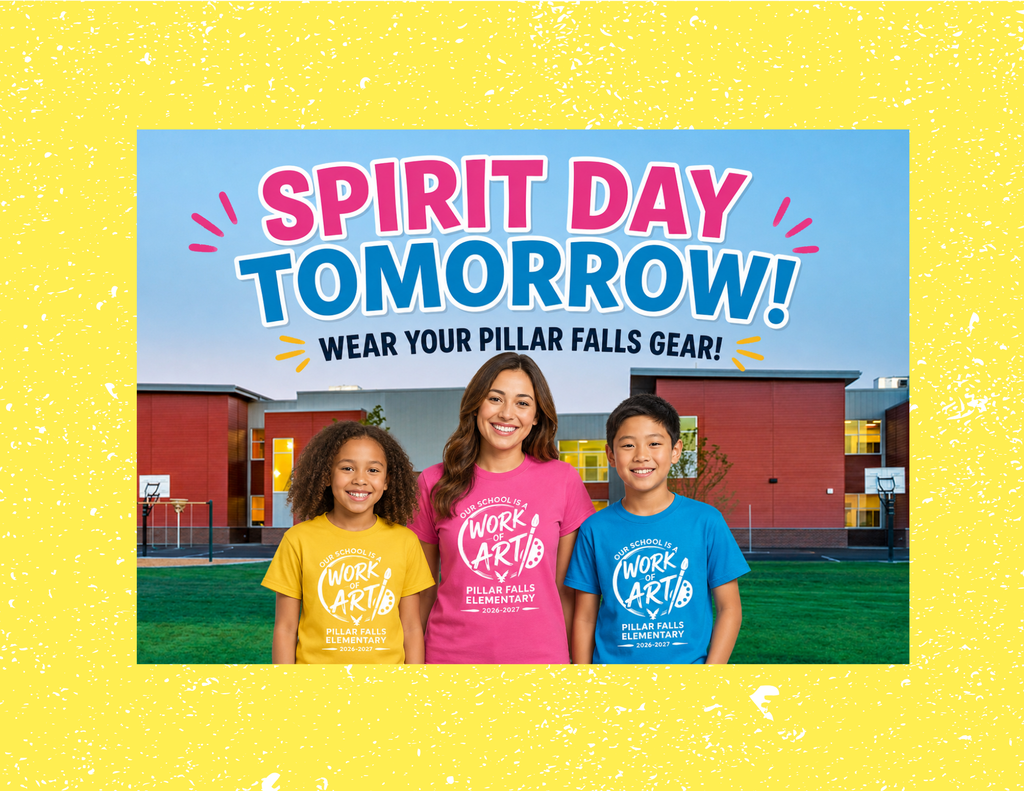 Two children and an adult stand in front of a school building. They wear matching shirts, promoting spirit day.