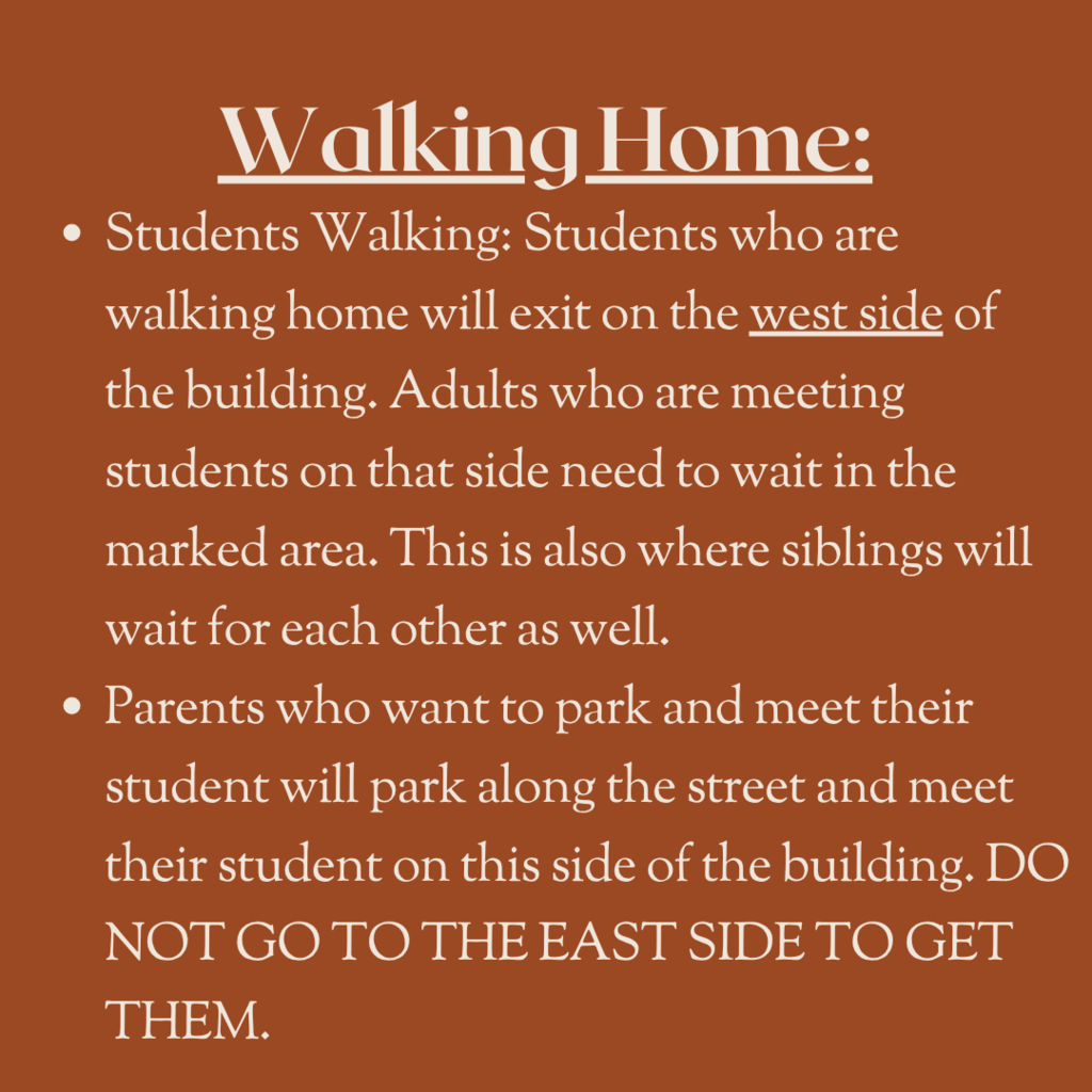 A brown background displays white text giving directions. Students walking home exit on the west side. Adults meeting students should wait in a marked area. Parents should park along the street to meet students on this side.