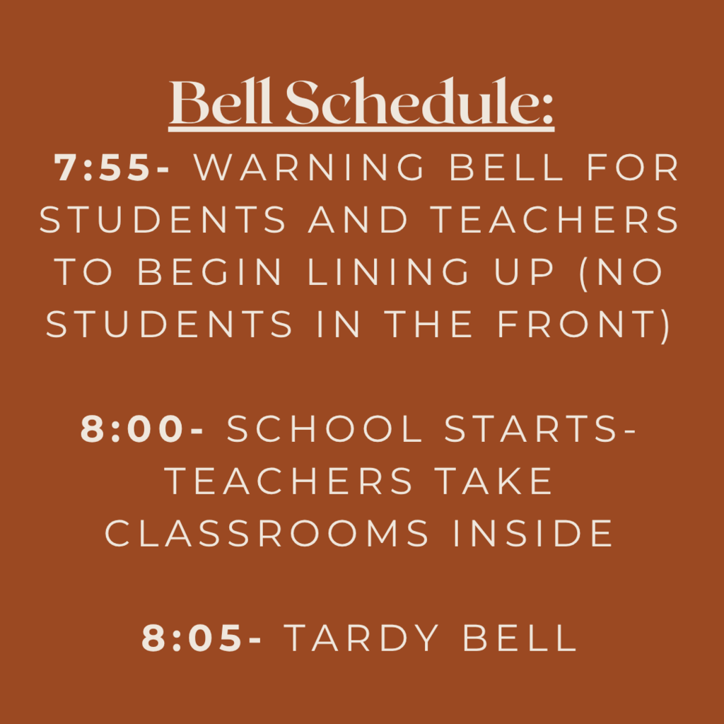 A brown background displays a schedule with three time slots and corresponding activities for a school bell.