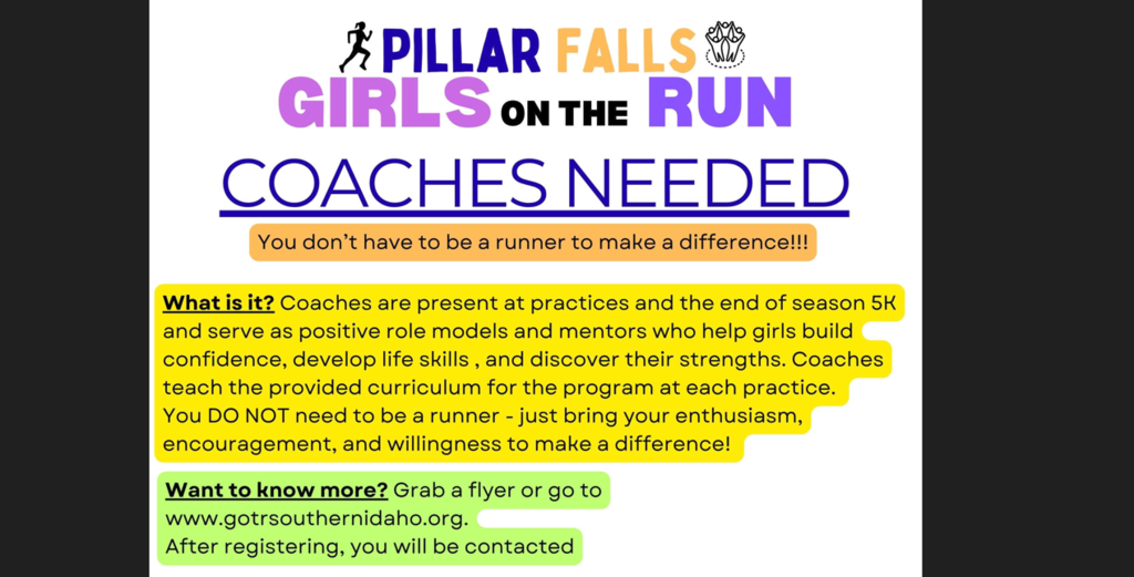 A poster seeks coaches for the Girls on the Run program. It includes a brief description of coaching duties and the registration process.