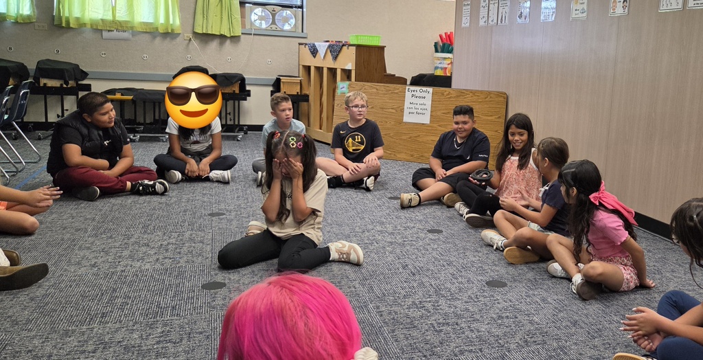 Group of children sitting in a circle in a classroom, one wearing pink hair, another wearing sunglasses.
