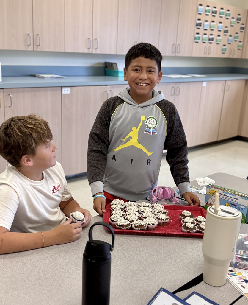 Two boys seated at a table with cupcakes, one holding a baseball, and a red tray of treats.