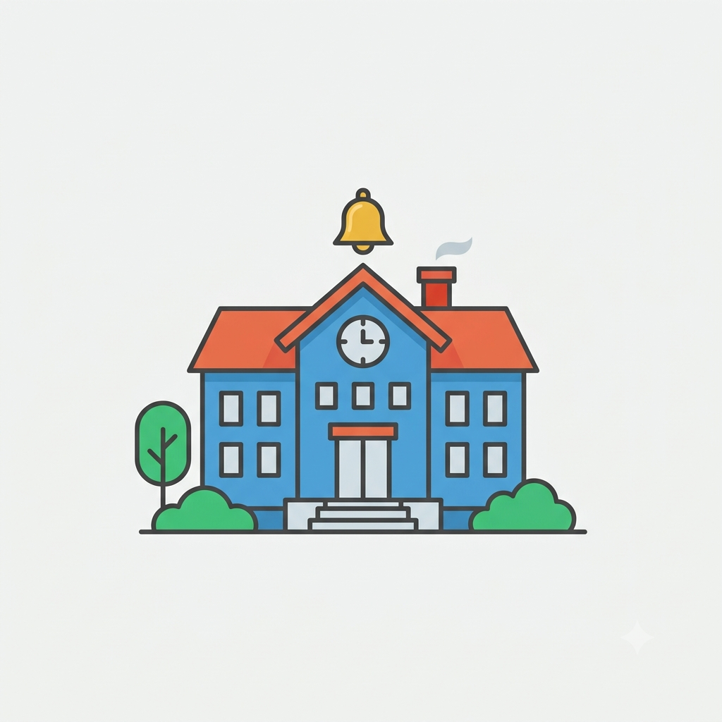 Simple school building with a red roof and a bell on top. A clock is on the front wall.