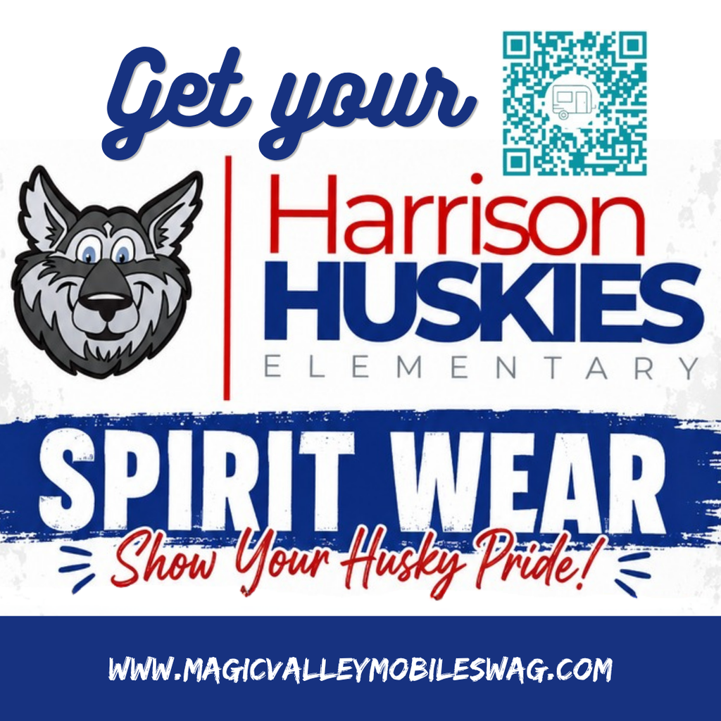 Advertisement for Harrison Huskies elementary spirit wear. It features a wolf logo, text, and a QR code.