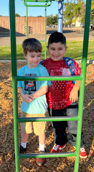 Two children standing on a playground. One holds onto a green ladder. A grassy area and fence are in the background.