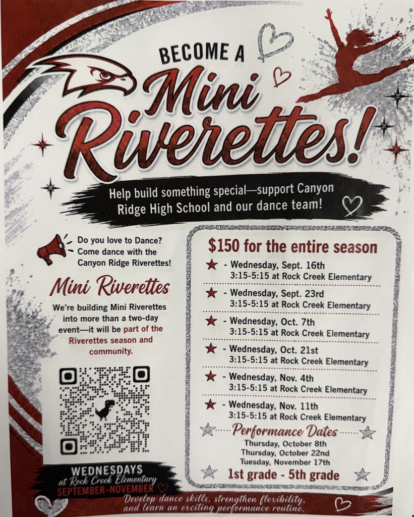 An advertisement for Mini Riverettes at Canyon Ridge High School. The flyer lists a price, dates, and a QR code.