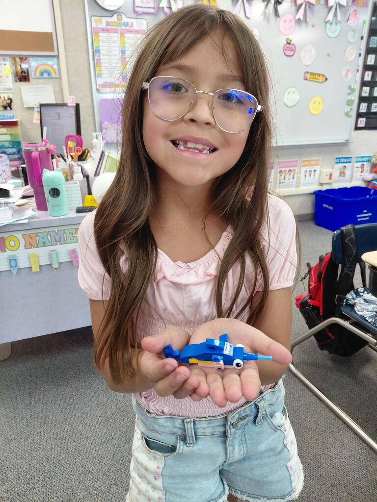 A girl with glasses holds a toy airplane in her hands. She wears a pink shirt and blue shorts.
