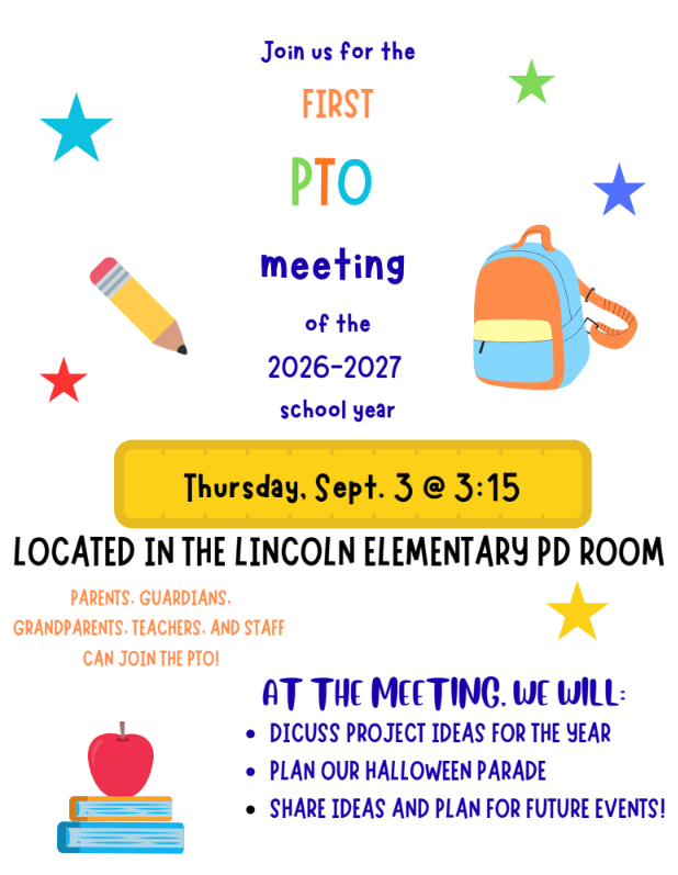 A white backdrop features a flyer. Icons include a pencil, apple, book, and backpack. Text reads "Join us for the FIRST PTO meeting of the 2026-2027 school year."