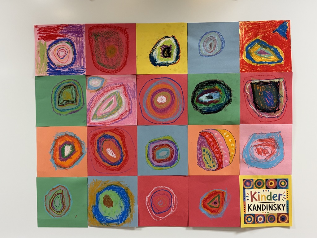 An art piece with a square format. It has 25 colorful abstract designs. "KINDER: KANDINSKY" is written in yellow.