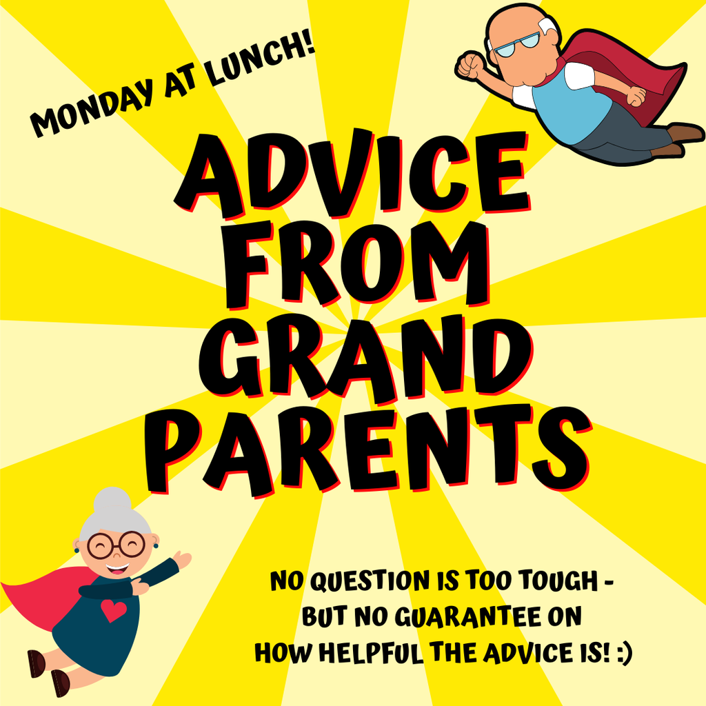 A yellow flyer with a grandparents with capes on advertising Grandparent Advice Day