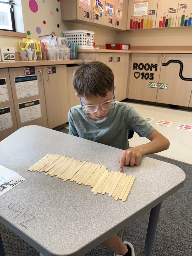 A young boy in glasses and a gray shirt sits at a table, arranging wooden sticks in rows.