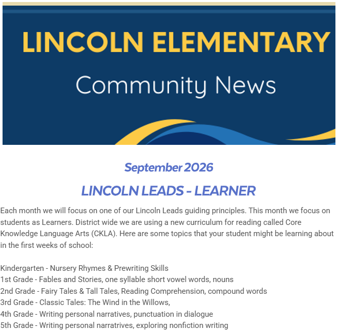 Banner featuring "Lincoln Elementary Community News" in bold, blue and yellow fonts with a wavy line below. The date "September 2026" and "Lincoln Leads - Learner" are centered.