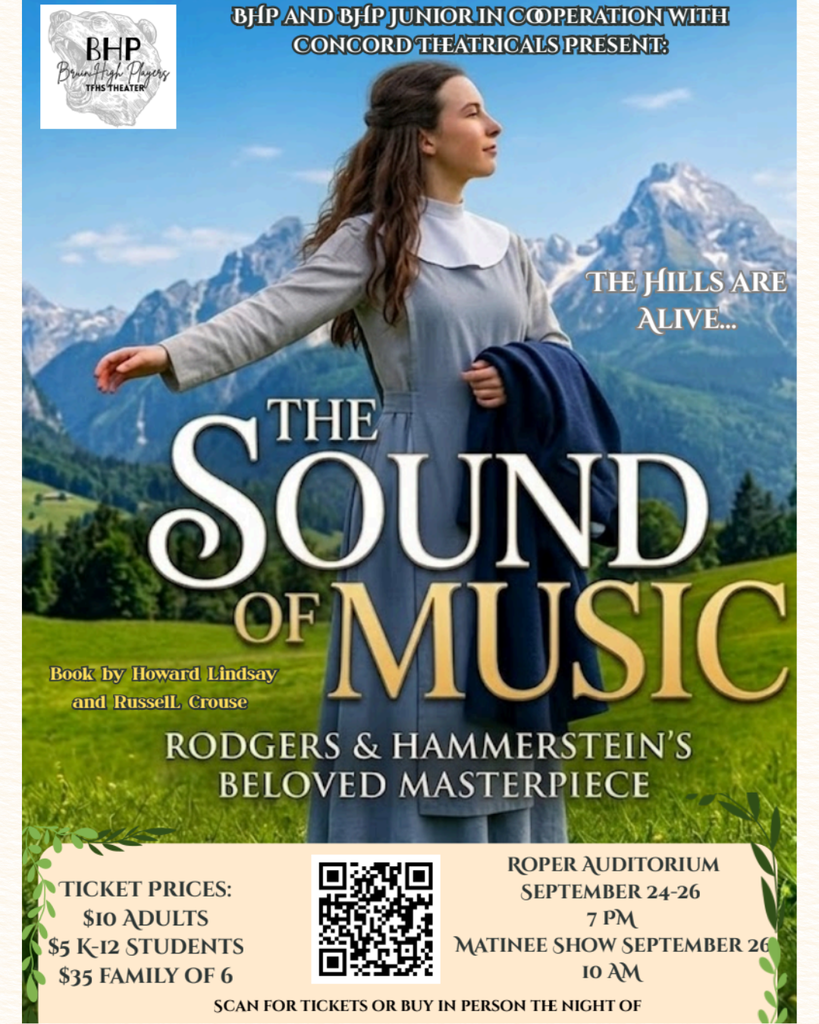 Advertisement for "The Sound of Music" show with a woman in a dress in front of mountains.