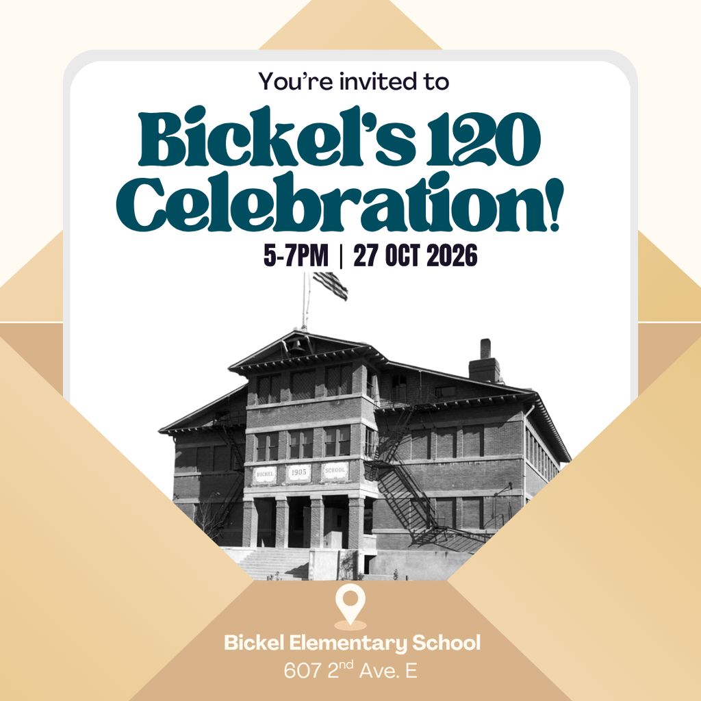 Invitation for Bickel's 120 Celebration on 27 Oct 2026. Logo, black-and-white photo of Bickel Elementary School, and location details.