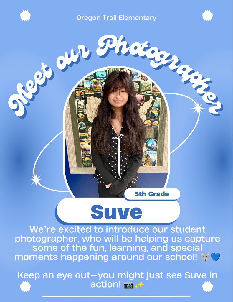 Blue background. A girl with long hair in a black and white polka dot outfit. "Meet our Photographer" and "Suve, 5th Grade" is displayed.