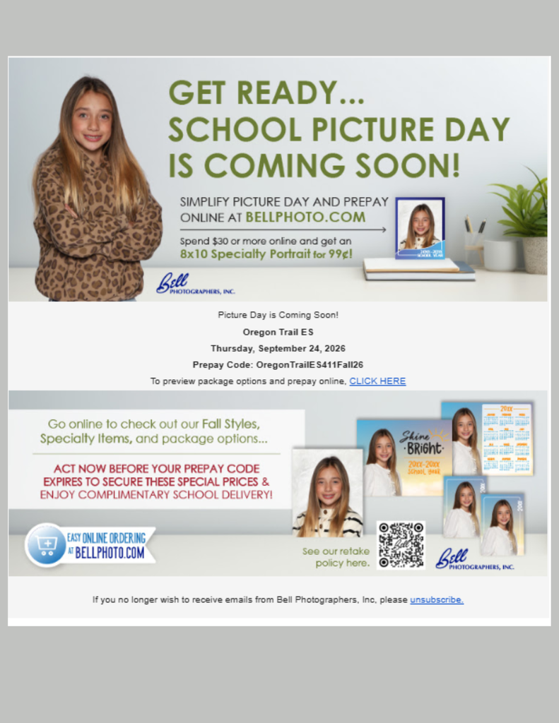 An advertisement shows a girl in leopard print with text "Get Ready... School Picture Day is Coming Soon!" There are pictures, icons, and text with a green plant in the background.
