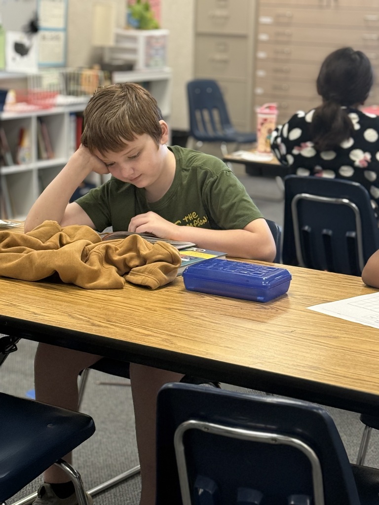 A student sits at a desk with a blue pencil case and brown cloth. Another student sits nearby.