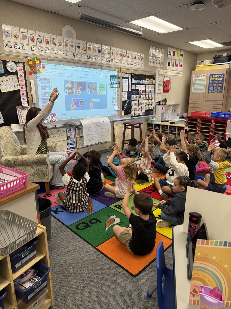 A classroom with a teacher at the front presenting on a screen while students sit on a colorful rug.