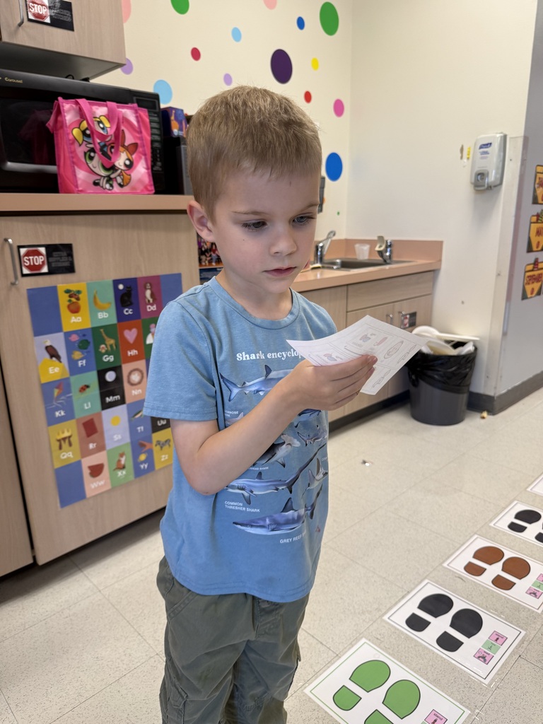 A boy in a blue shirt holds a paper in a classroom with colorful shapes on the wall.