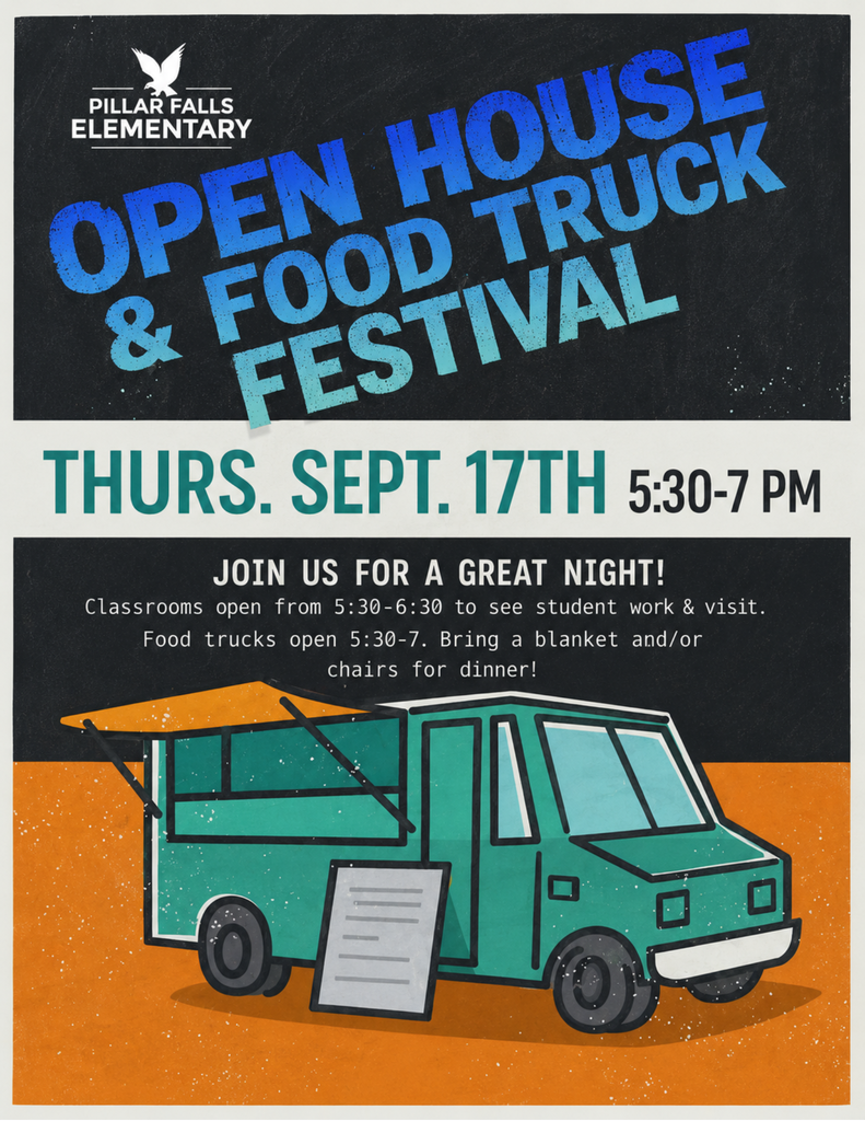 Poster for an event featuring a green food truck with awnings. Text reads "Open House & Food Truck Festival" with date and time.