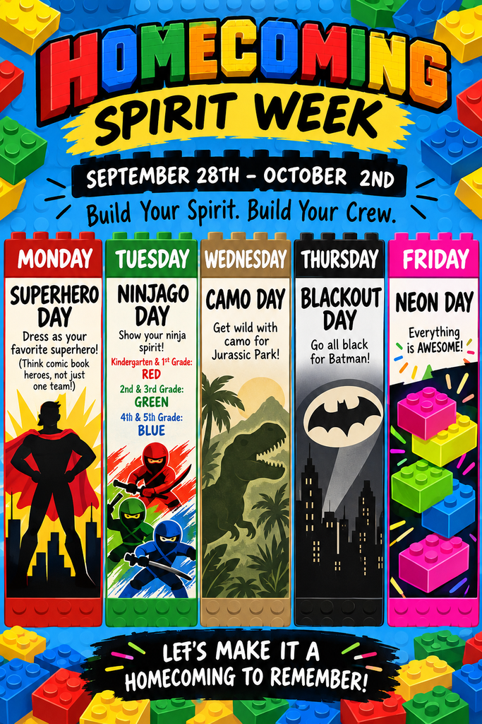 A colorful poster announces Homecoming Spirit Week from September 28 to October 2. The days include Superhero, Ninjago, Camo, Blackout, and Neon Day.